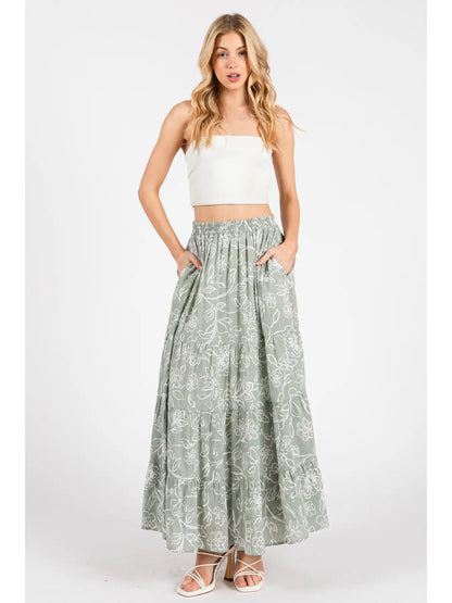 Elastic Waist Floral Maxi Skirt w/ Pockets