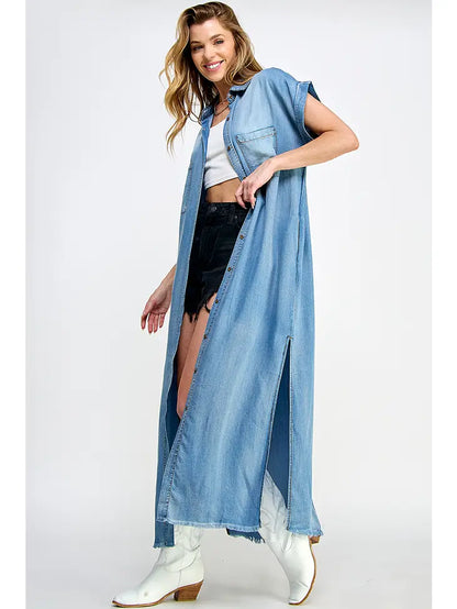 Bleachout Short Sleeve Denim Maxi Dress