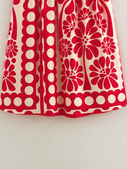 Red Floral Sleeveless Midi Dress