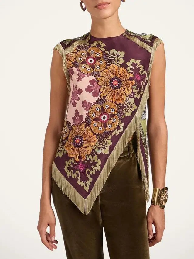 Boho Floral Print Asymmetric Tassel Trim Scarf Top