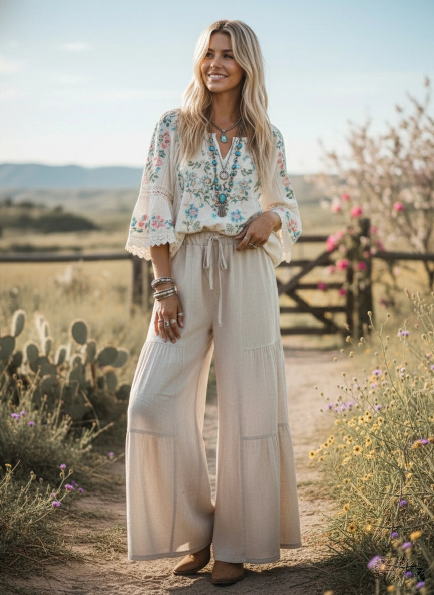 Linen Blend Tiered Wide Let Palazzo Pants