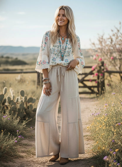Linen Blend Tiered Wide Let Palazzo Pants