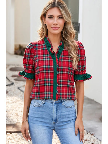Plaid V-Neck Ruffle Trim Blouse