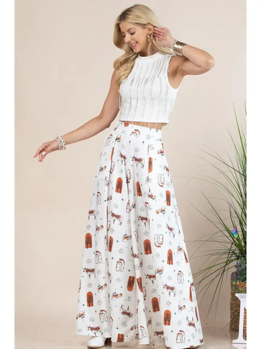 Western Print Wide Leg Palazzo Pants