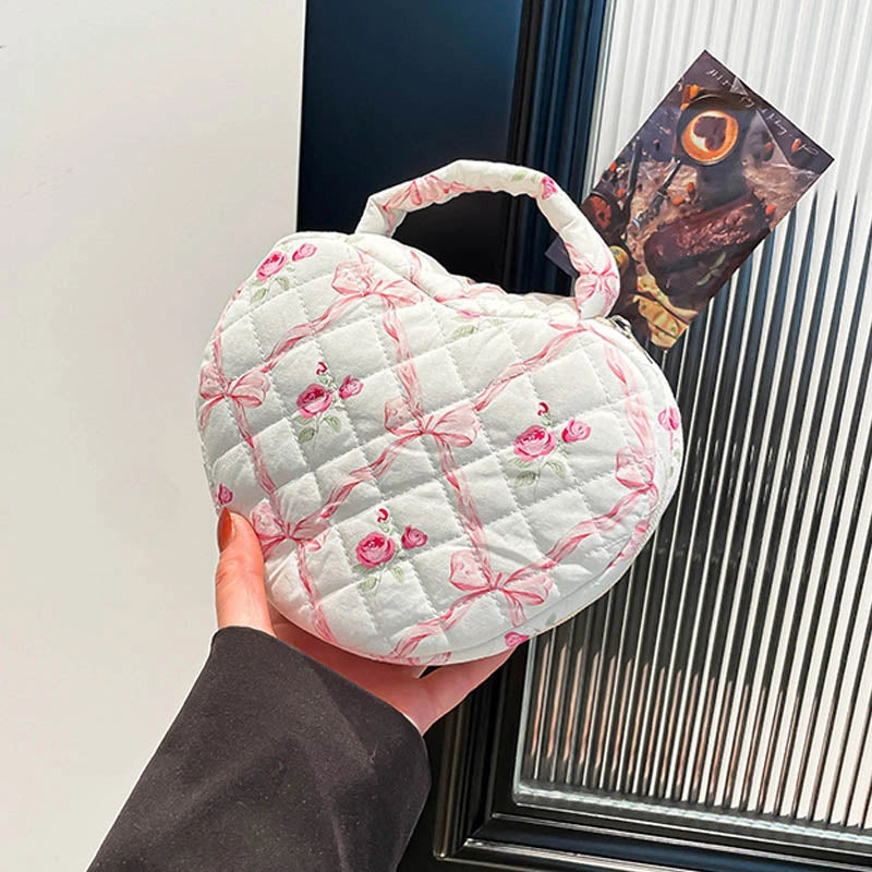 Floral Cotton Quilted Heart Shaped Cosmetic Bag