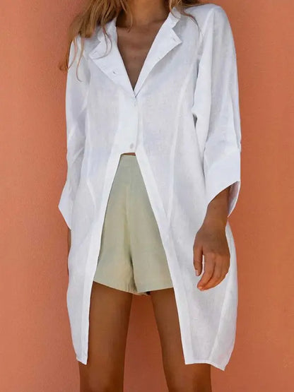 Casual Split-Front Solid Notched Long Sleeve Blouse