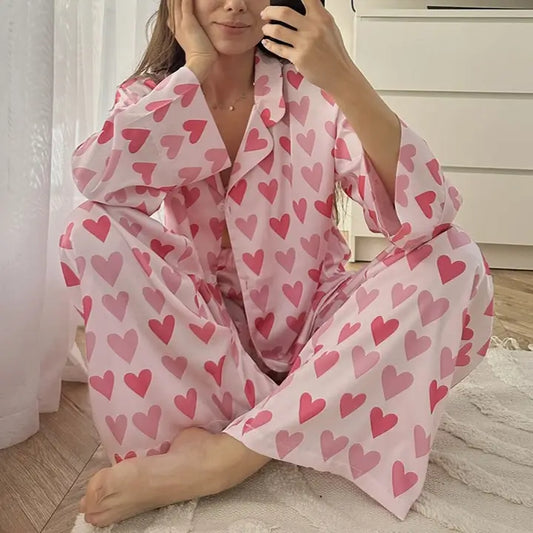 Satin Heart Print Lounge Set