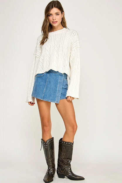 Cropped Cable Knit Pullover Sweater