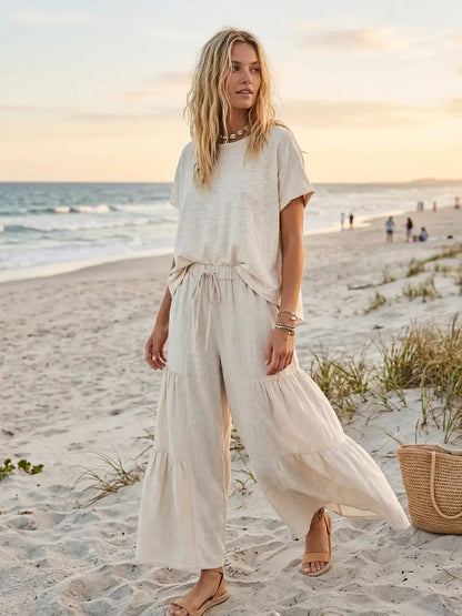 Linen Blend Tiered Wide Let Palazzo Pants