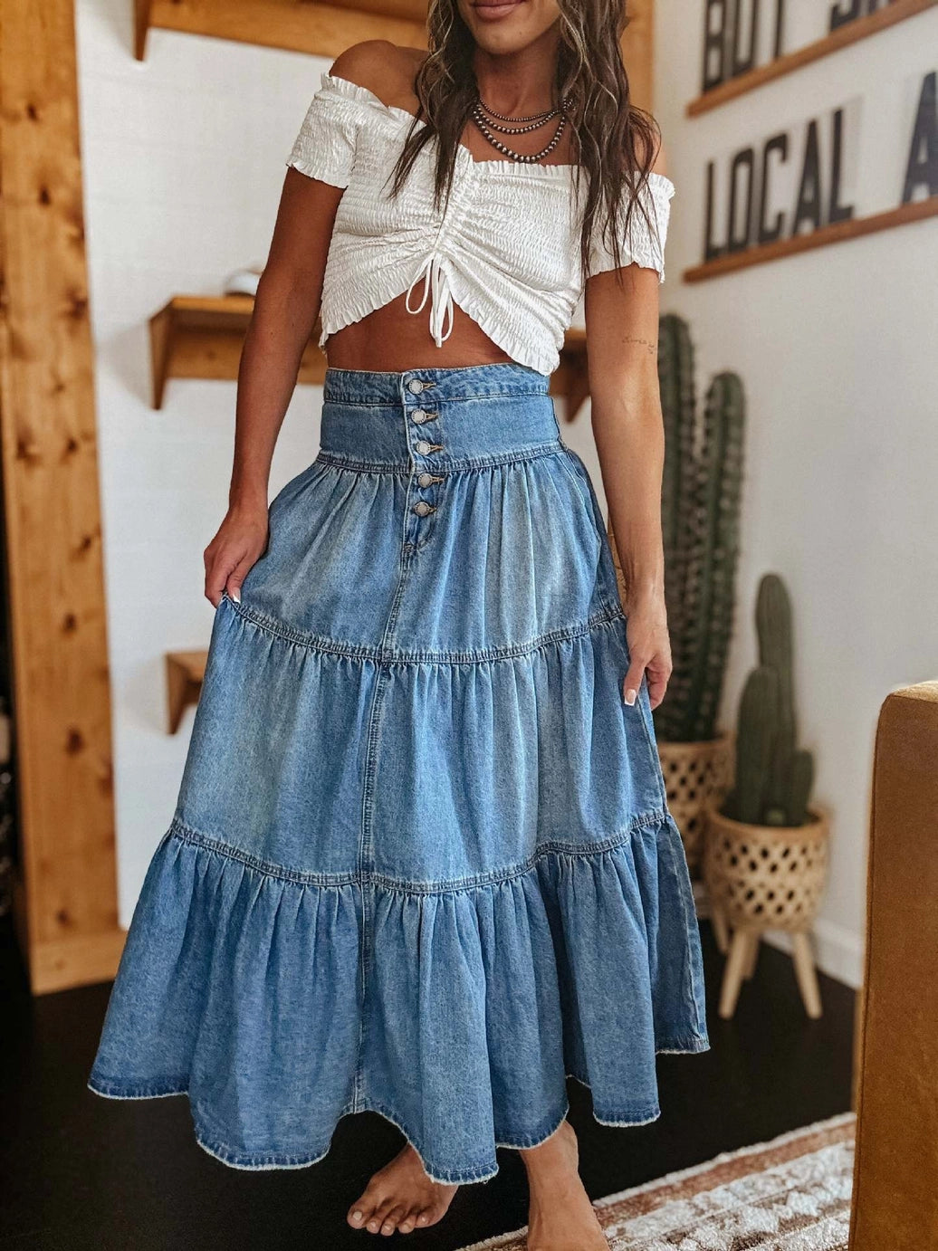 Tiered Denim A-Line Western Skirt