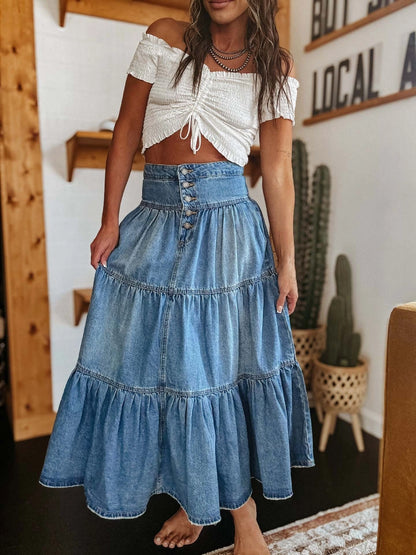 Tiered Denim A-Line Western Skirt