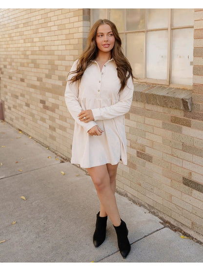 Oatmeal Corduroy Long Sleeve Mini Dress