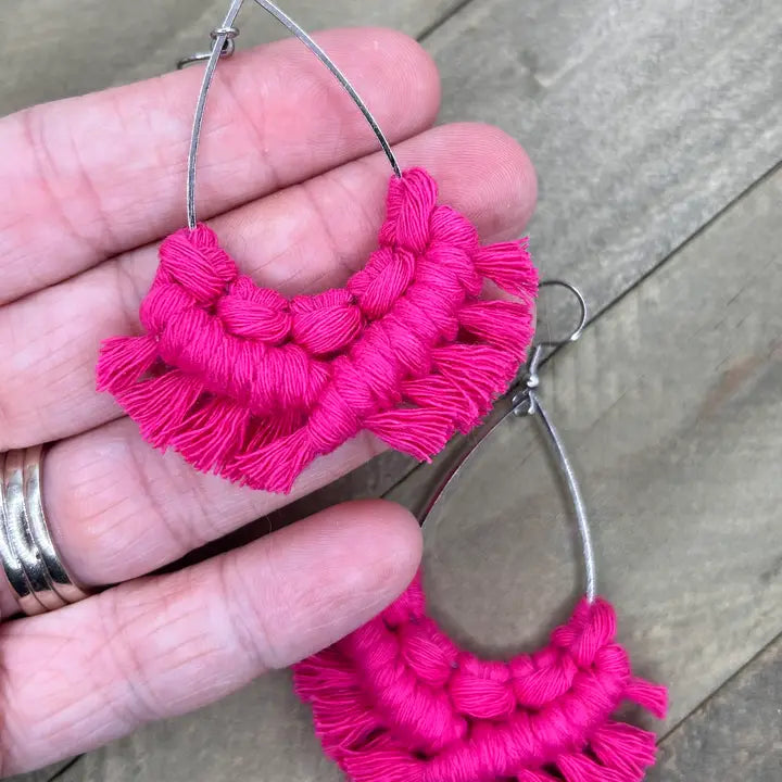 Large Teardrop Fringe Earrings - Hot Pink