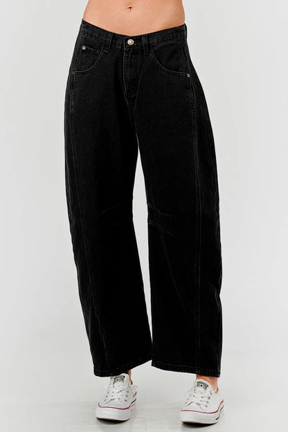 Ladies Mid Rise Black Barrel Jeans
