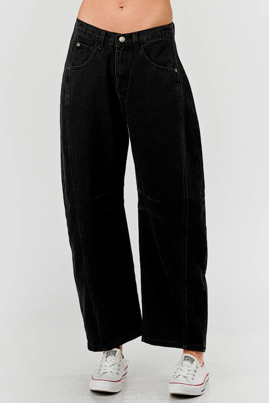 Ladies Mid Rise Black Barrel Jeans