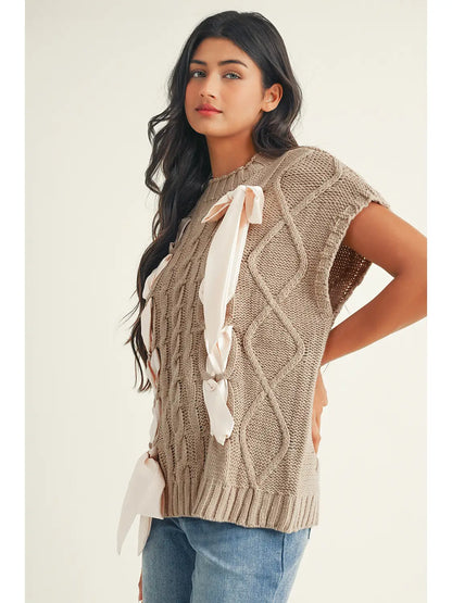 Cable Knit Bow Detail Short Sleeve Sweater