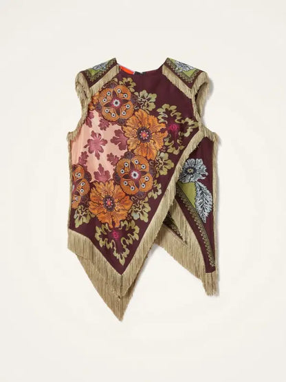 Boho Floral Print Asymmetric Tassel Trim Scarf Top