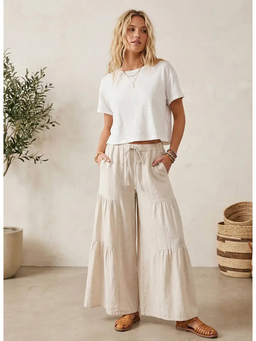 Linen Blend Tiered Wide Let Palazzo Pants