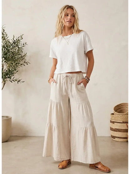 Linen Blend Tiered Wide Let Palazzo Pants