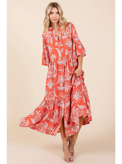 Abstract Leaf Print Tiered Ruffle Maxi Dress