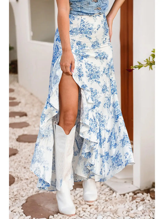 Blue Boho Ruffle Floral Skirt