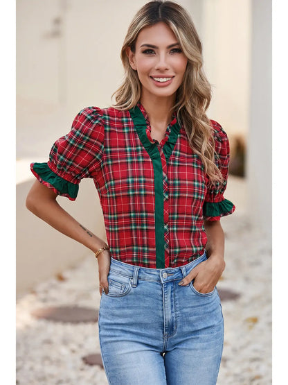 Plaid V-Neck Ruffle Trim Blouse