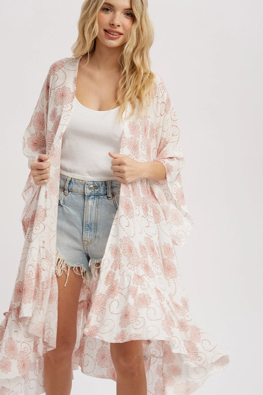 Effortless Ruffle Hem Floral Kimono