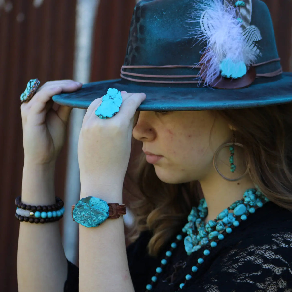 Copper Hoop Earrings w/ Blue Turquoise