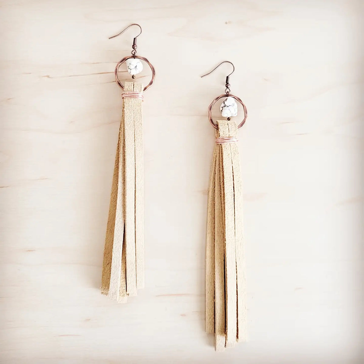 Turquoise Drop Earrings w/ Cream Leather Tassel