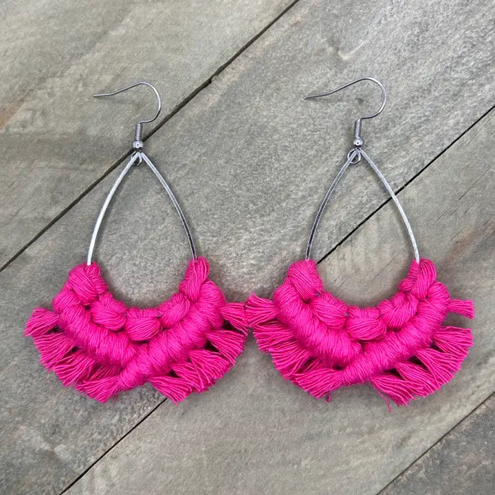 Large Teardrop Fringe Earrings - Hot Pink