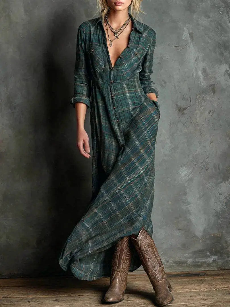 Green Plaid Long Sleeve Button Up Maxi Dress