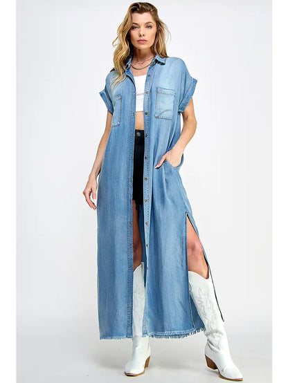 Bleachout Short Sleeve Denim Maxi Dress