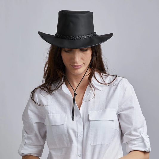 Leather Crushable Outback Hat - Black