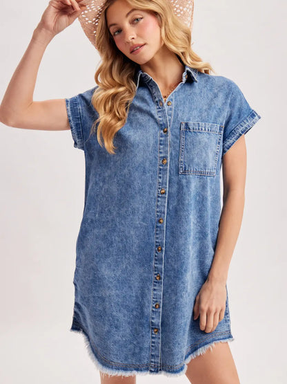 Washed Denim Button Down Shirt Dress