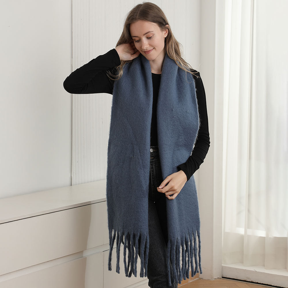 Cozy Oversized Fringe Scarf - Navy Blue