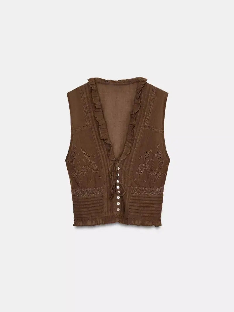 Ruffle Brown Floral V-Neck Crop Top