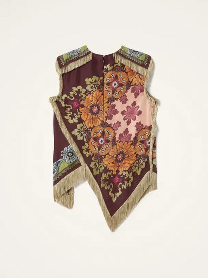 Boho Floral Print Asymmetric Tassel Trim Scarf Top