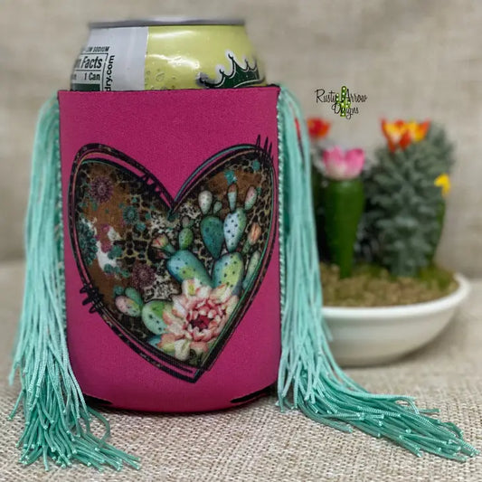 Pink Cactus Heart Fringe Koozie