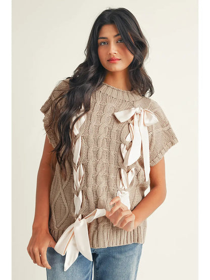 Cable Knit Bow Detail Short Sleeve Sweater