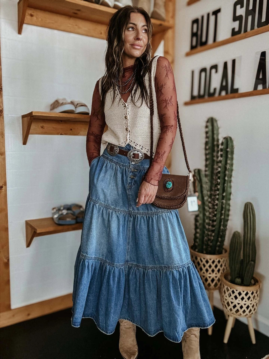 Tiered Denim A-Line Western Skirt