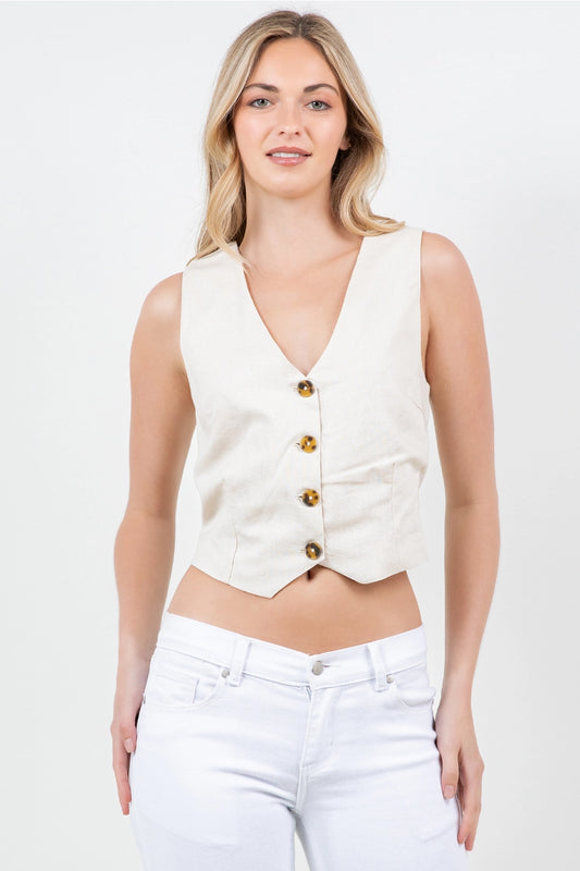 V-Neck Linen Button Down Vest