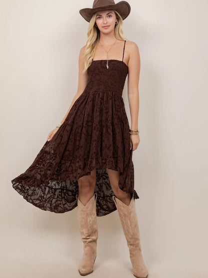 Brown Smocking Detail High-Low Dress