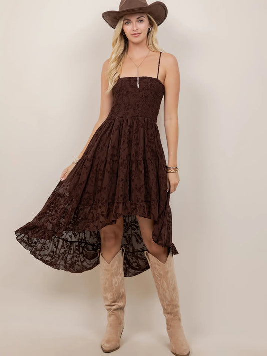 Brown Smocking Detail High-Low Dress