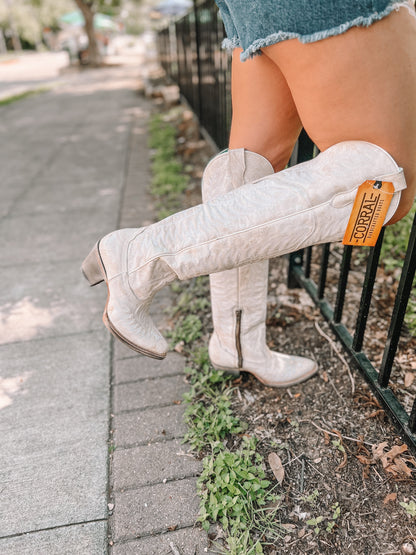 Corral Distressed White Embroidery & Zipper J Toe Tall Top Boot