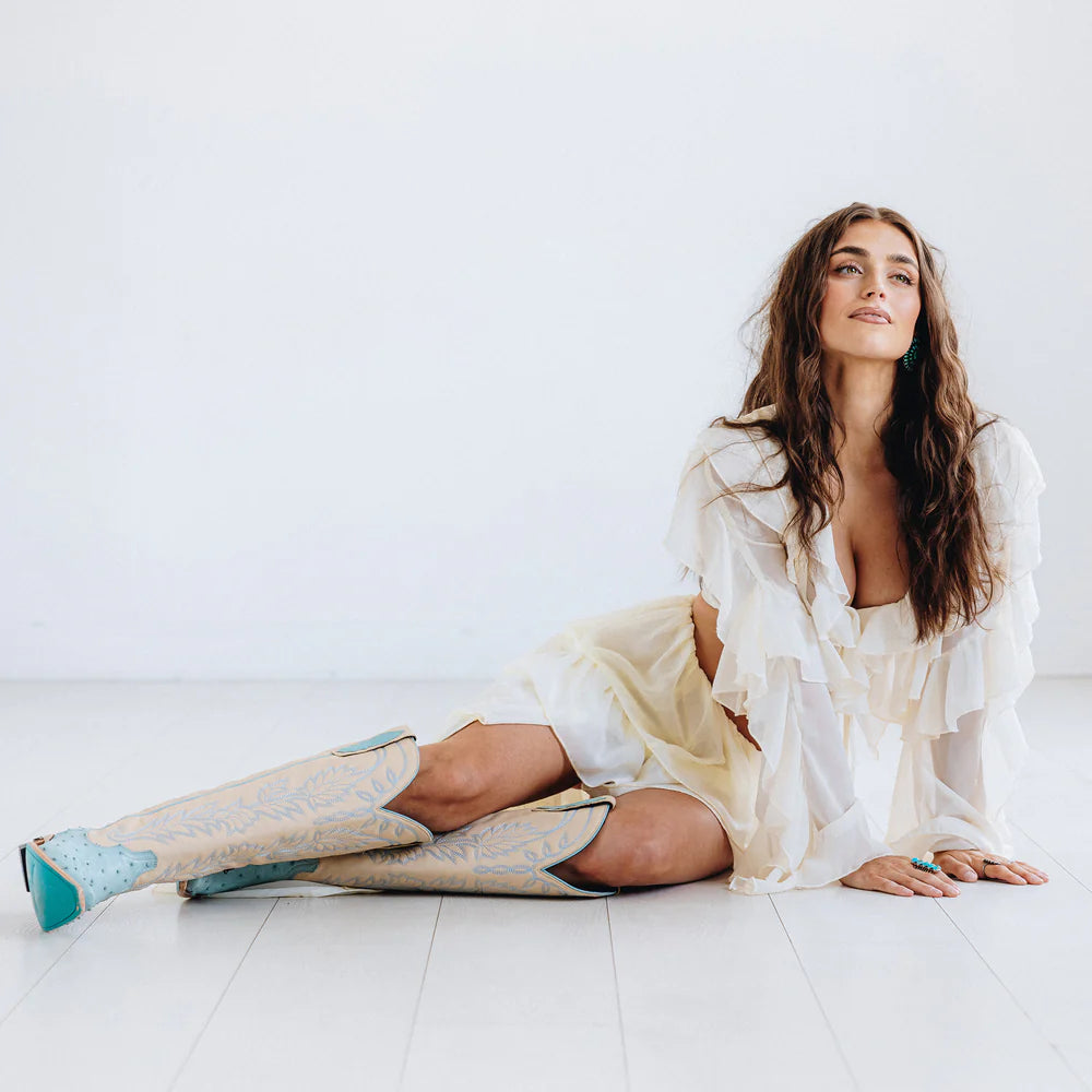 Lane Sandaga Knee High Boots in Powder Blue Ostrich