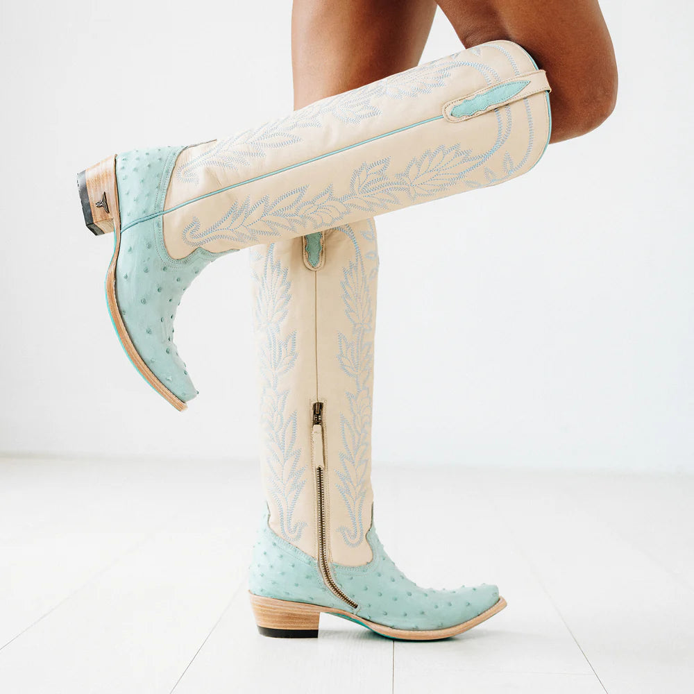 Lane Sandaga Knee High Boots in Powder Blue Ostrich