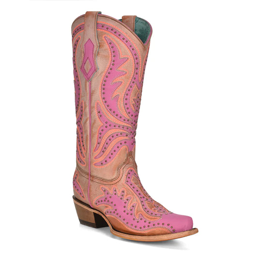 Corral Pink Overlay & Fluorescent Embroidery Studs Neon Boot
