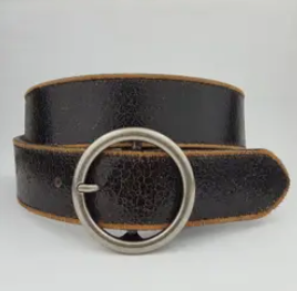 Vintage Leather Belt with Distress Burnish Edge - Brown