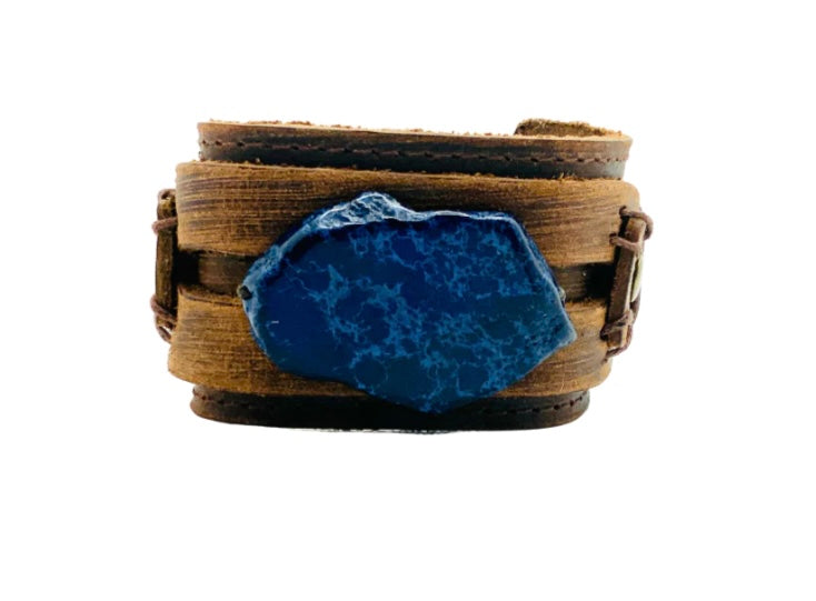 Dusty Leather Wide Cuff with Navy Blue Slab