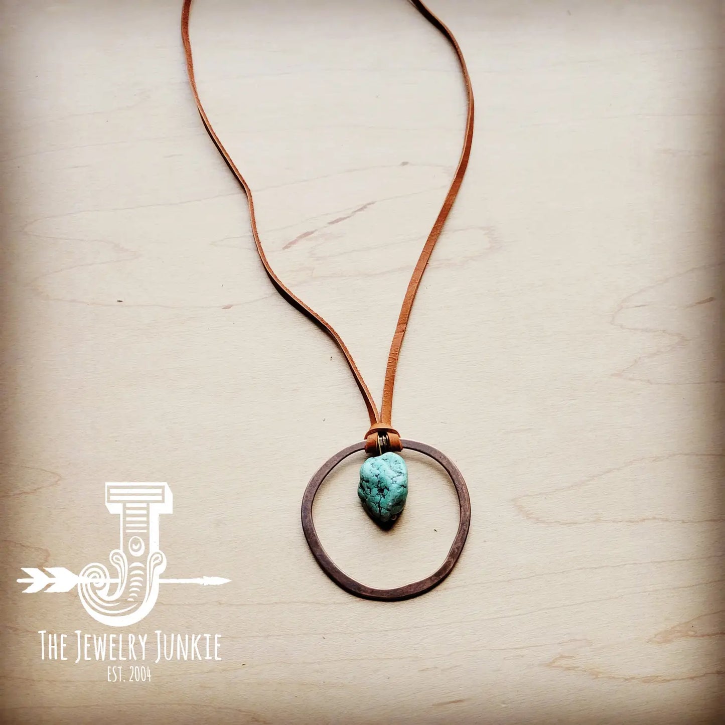 Leather Cord Necklace w/ Antique Gold Hoop & Turquoise